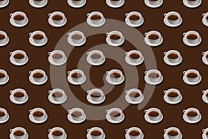 Coffee background. Trendy seamless pattern of white cups on brown backdrop