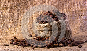 Coffee in a bag of deregie, on a yellow thick fabric