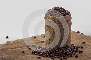 Coffee in a bag of deregie, on a yellow thick fabric