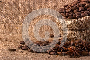 Coffee in a bag of deregie, on a yellow thick fabric