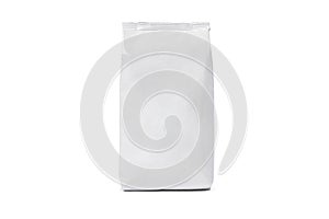 Coffee bag mockup isolated on white background. Front View. White package for tea, biscuit. Paper pouch, milk pack photo