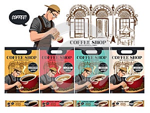 Coffee bag packaging design. A group of sketch banners with baristas and coffee shops in the background for posters or other templ