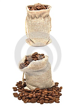 Coffee in a bag on a white background close-up. Drink, grain, food, wallpaper