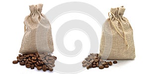 Coffee in a bag on a white background close-up. Drink, grain, food, wallpaper