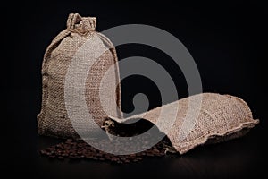Coffee bags, burlap, with coffee beans.