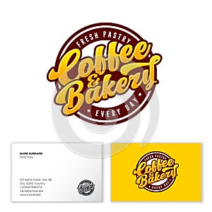 Coffee and Bakery logo. Yellow Lettering in circle with letters. Vintage emblem. Business card template.