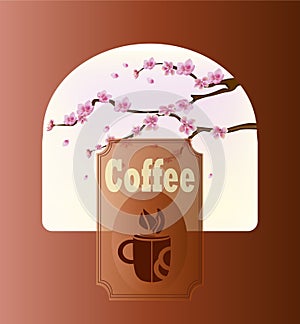 Coffee banner on the background of spring flowers