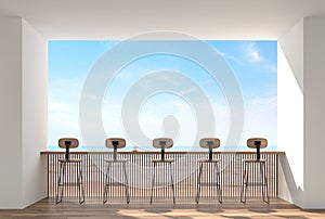Coffee bar with sea view 3d render.