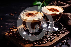 A coffee-based cocktail in a glass against a dark backdrop, radiating sophistication and mystery photo