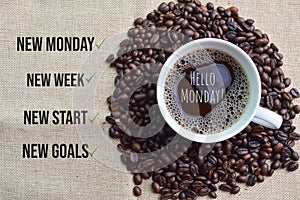 Coffee bean brown roasted and a cup of coffee with text NEW MONDAY, NEW WEEK, NEW START and NEW GOALS