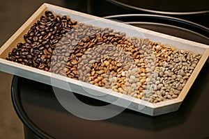 Coffee bean colors display from Raw beans to Dark roast