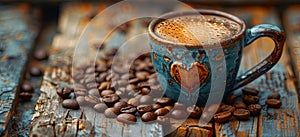 coffee bean cup and mug on table, in the style of smokey background, humor meets heart, shaped canvas, atmospheric