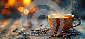 coffee bean cup and mug on table, in the style of smokey background, humor meets heart, shaped canvas, atmospheric