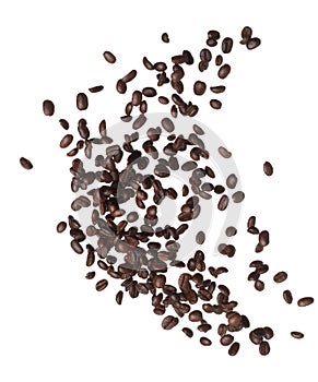 Coffee bean fly explosion, Coffee seeds float explode, abstract cloud fly. Coffee beans splash throwing in Air. White background