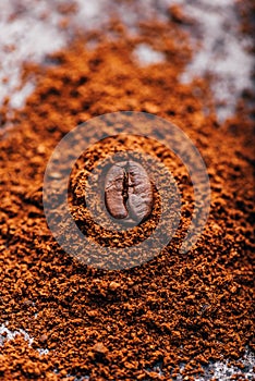 Coffee bean on heap of grinded coffee