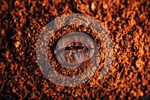 Coffee bean on heap of ground coffee
