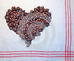 Coffee Bean Heart on Red Striped Antique Linen Towel