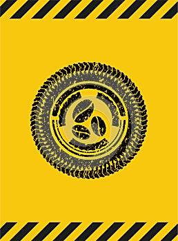 Coffee bean icon black grunge emblem inside yellow warning sign. Vector Illustration. Detailed