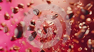 Coffee bean pieces fly through the air towards the camera in slow motion, accompanied by droplets of water and