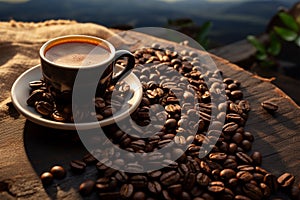 Coffee bean resting on a wooden board, a rustic scene