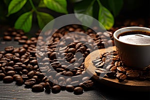 Coffee bean resting on a wooden board, a rustic scene