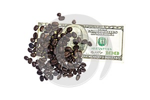 Coffee bean with Several kind of bank notes and coin