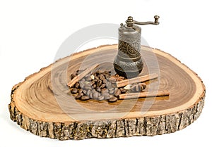 Coffee bean with spices and handmill