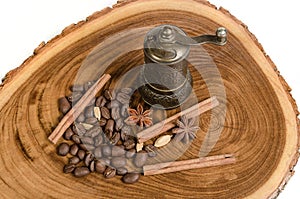 Coffee bean with spices and handmill