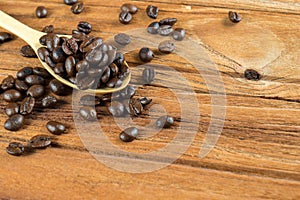 Coffee bean on wooden spoon, wooden table background