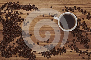 Coffee Beans with white cup and Zebrano wood