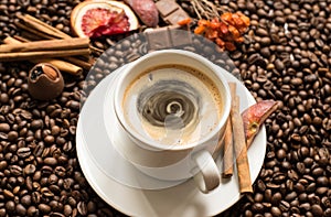 Coffee beans background with cofee cup, cinnamon, and chocolate