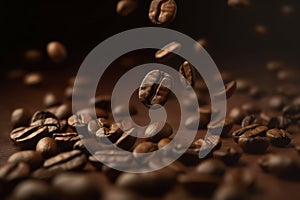 Coffee beans background. Roasted coffee beans falling down.