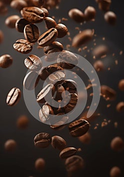 Coffee beans background. Roasted coffee beans falling down.