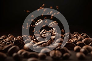 Coffee beans background. Roasted coffee beans falling down.