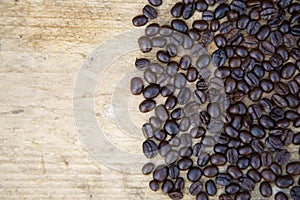 Coffee beans background on wooden, Fresh coffee beans.