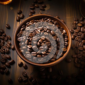 Coffee beans banner. Bowl full of coffee beans. Close-up food photography background