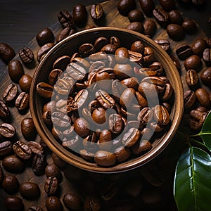 Coffee beans banner. Bowl full of coffee beans. Close-up food photography background