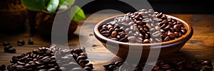 Coffee beans banner. Bowl full of coffee beans. Close-up food photography background