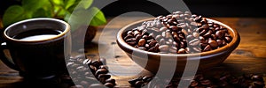 Coffee beans banner. Bowl full of coffee beans. Close-up food photography background