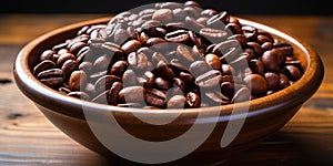 Coffee beans banner. Bowl full of coffee beans. Close-up food photography background