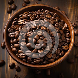 Coffee beans banner. Bowl full of coffee beans. Close-up food photography background