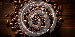 Coffee beans banner. Bowl full of coffee beans. Close-up food photography background