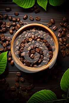 Coffee beans banner. Bowl full of coffee beans. Close-up food photography background