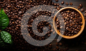 Coffee beans banner. Bowl full of coffee beans. Close-up food photography background