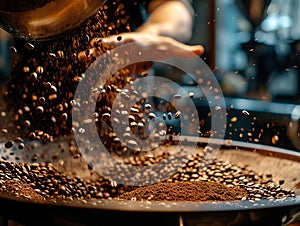 Coffee beans being poured into a coffee grinder. Close-up.