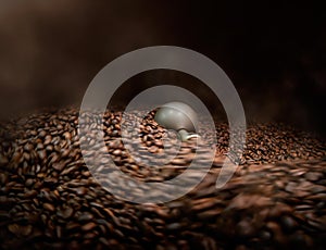 Coffee beans being processed in roasting machine