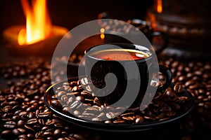 coffee beans on a black background with a cup of coffee in front of a fire banco de imagens