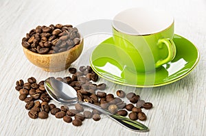 Coffee beans in bowl, scattered coffee beans, spoon, empty cup on saucer on wooden table