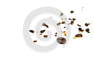 Coffee beans break into small piece close-up on white background