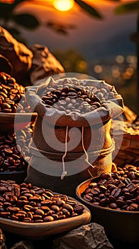 coffee beans in a burlap bag